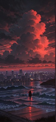 Monsoon Red Afternoon City Spring mobile wallpaper / スマホ壁紙