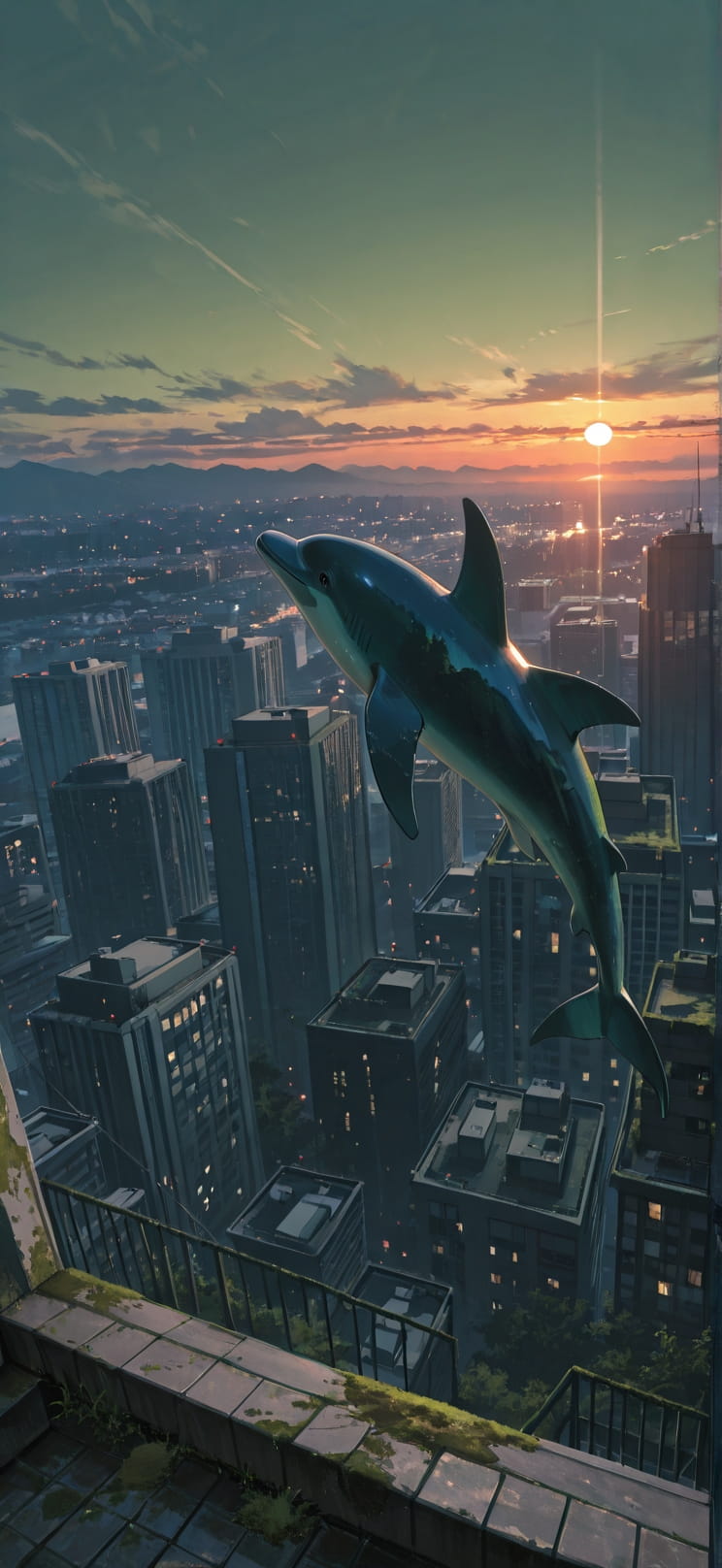 Moss Green Sunset City Winter Animal mobile wallpaper / スマホ壁紙