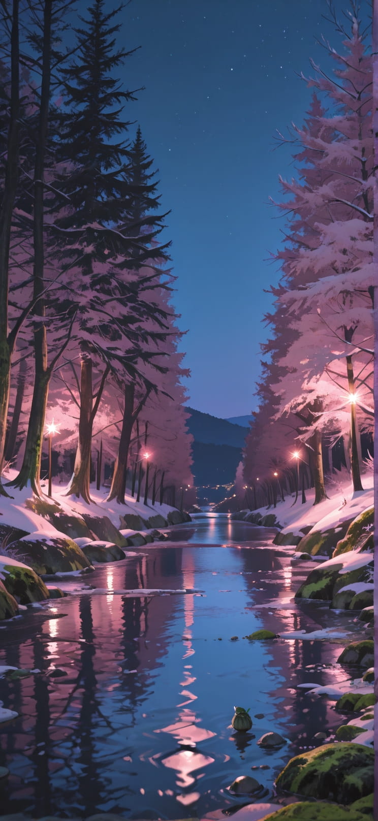 Moss Pink Night Sea Winter mobile wallpaper / スマホ壁紙