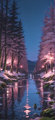 Moss Pink Night Sea Winter mobile wallpaper / スマホ壁紙