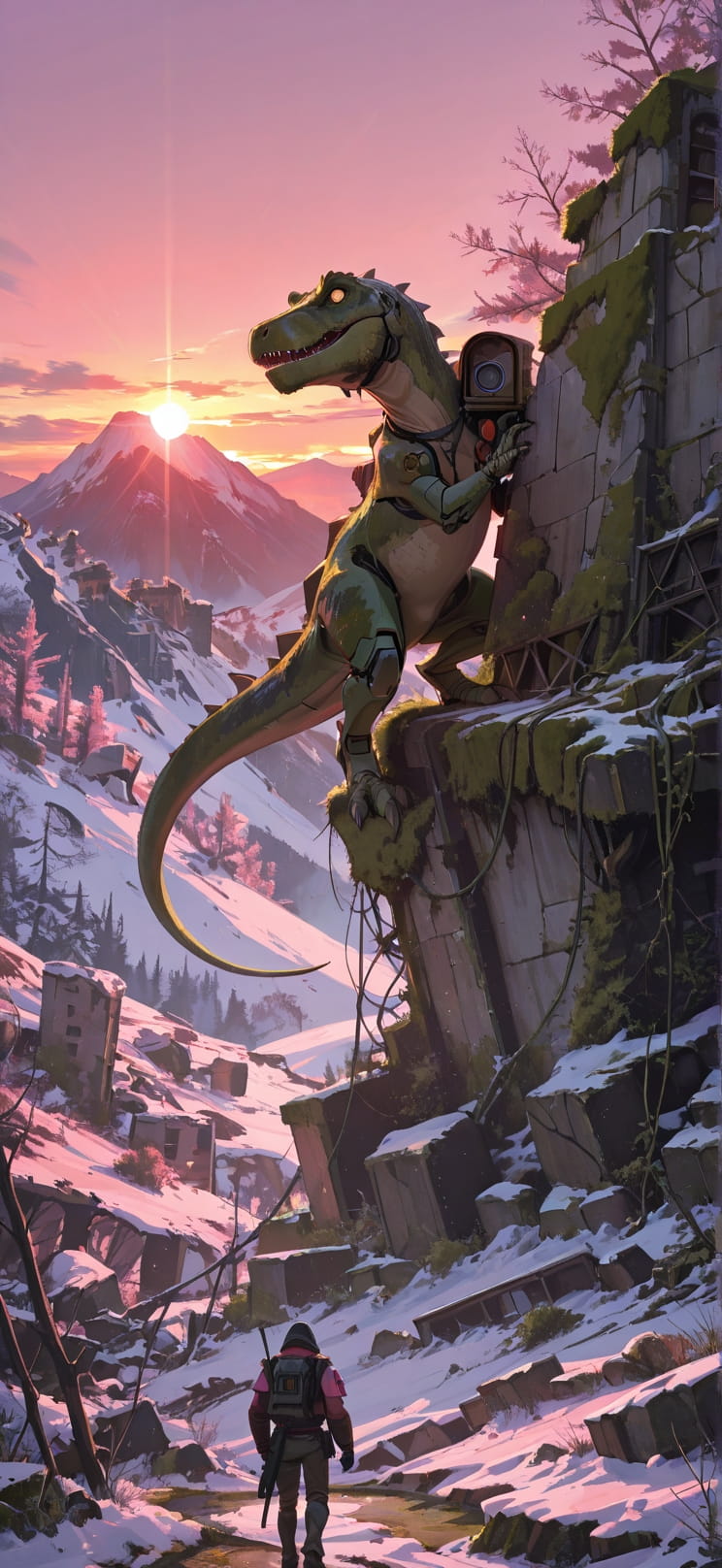 Moss Pink Sunset Mountain Winter Animal Machine mobile wallpaper / スマホ壁紙