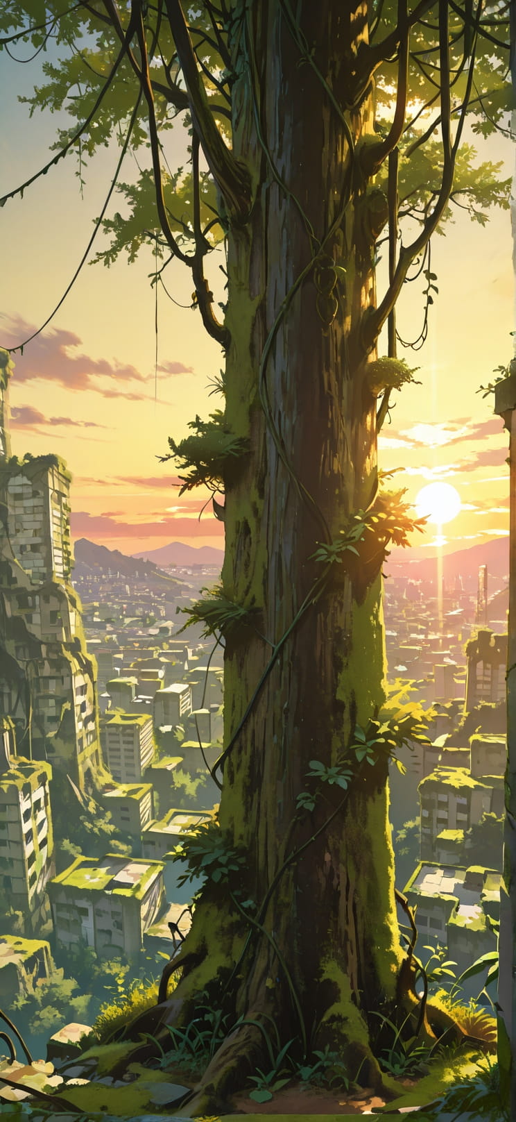 Moss Yellow Sunset City Spring mobile wallpaper / スマホ壁紙