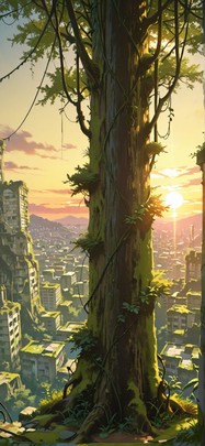 Moss Yellow Sunset City Spring mobile wallpaper / スマホ壁紙