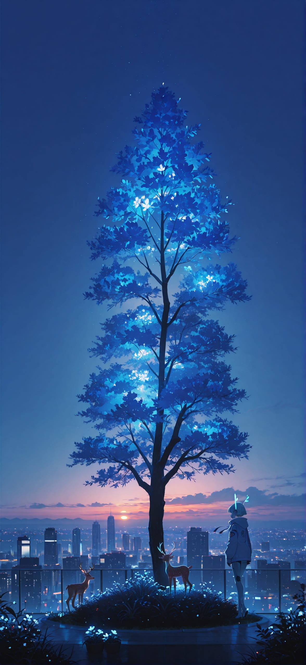 Neon Blue Sunset City Winter Animal Machine mobile wallpaper / スマホ壁紙