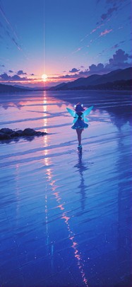 Neon Blue Sunset Sea Summer Animal mobile wallpaper / スマホ壁紙