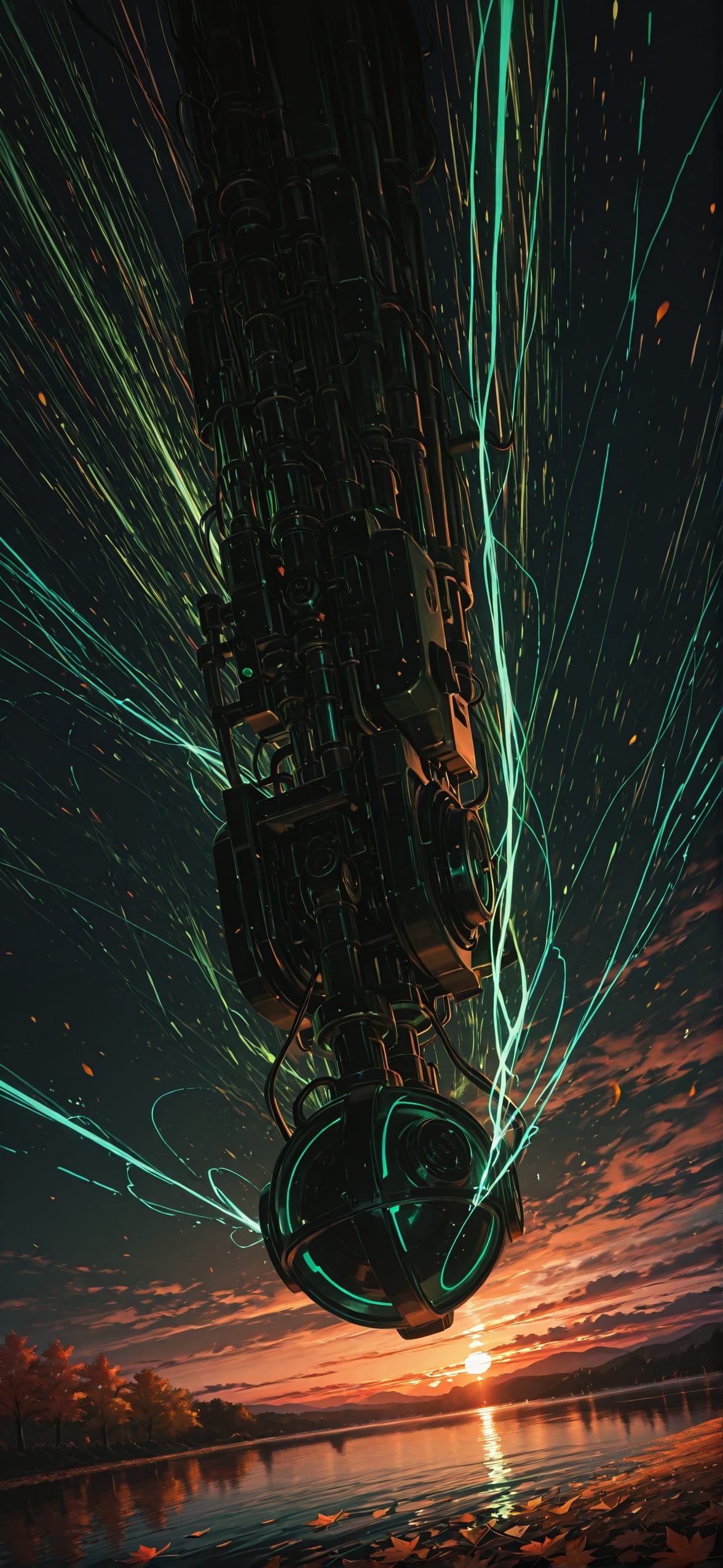 Neon Green Sunset Sea Autumn Machine mobile wallpaper / スマホ壁紙