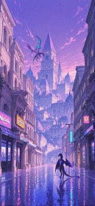 Neon Purple Afternoon City Spring Animal mobile wallpaper / スマホ壁紙