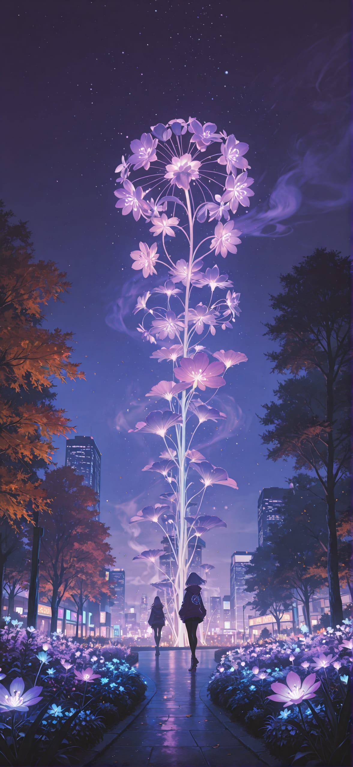 Neon Purple Night City Autumn mobile wallpaper / スマホ壁紙
