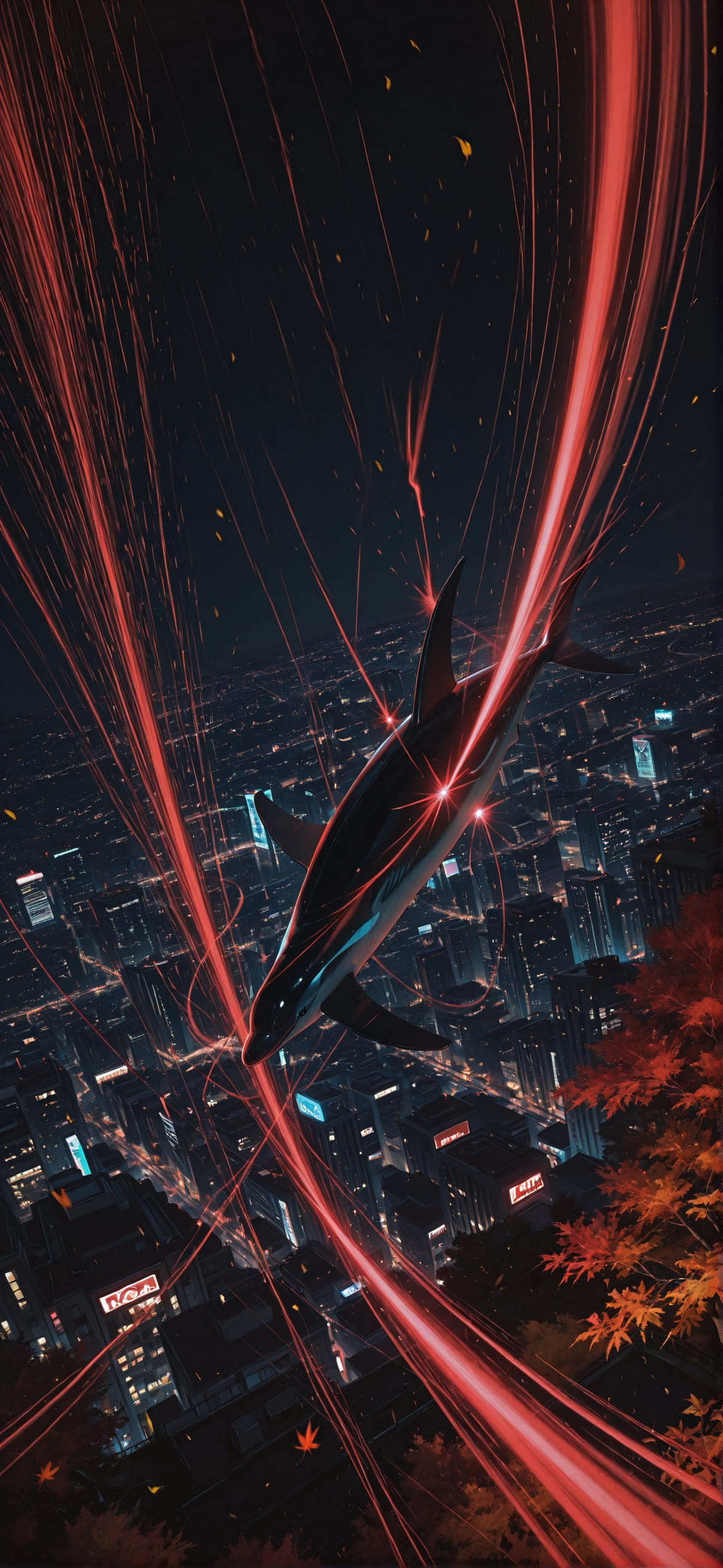 Neon Red Night City Autumn Animal mobile wallpaper / スマホ壁紙