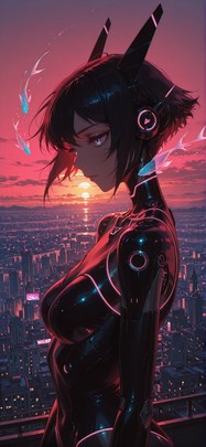Neon Red Sunset City Spring Animal Machine mobile wallpaper / スマホ壁紙