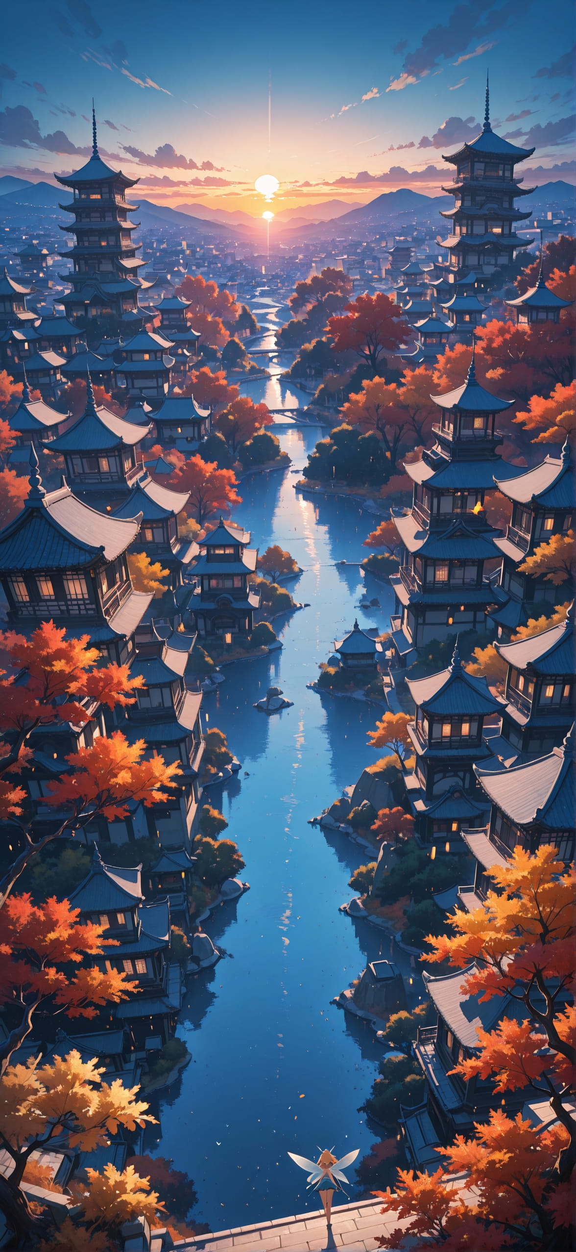 Nextfrontier Blue Sunset City Autumn Animal mobile wallpaper / スマホ壁紙