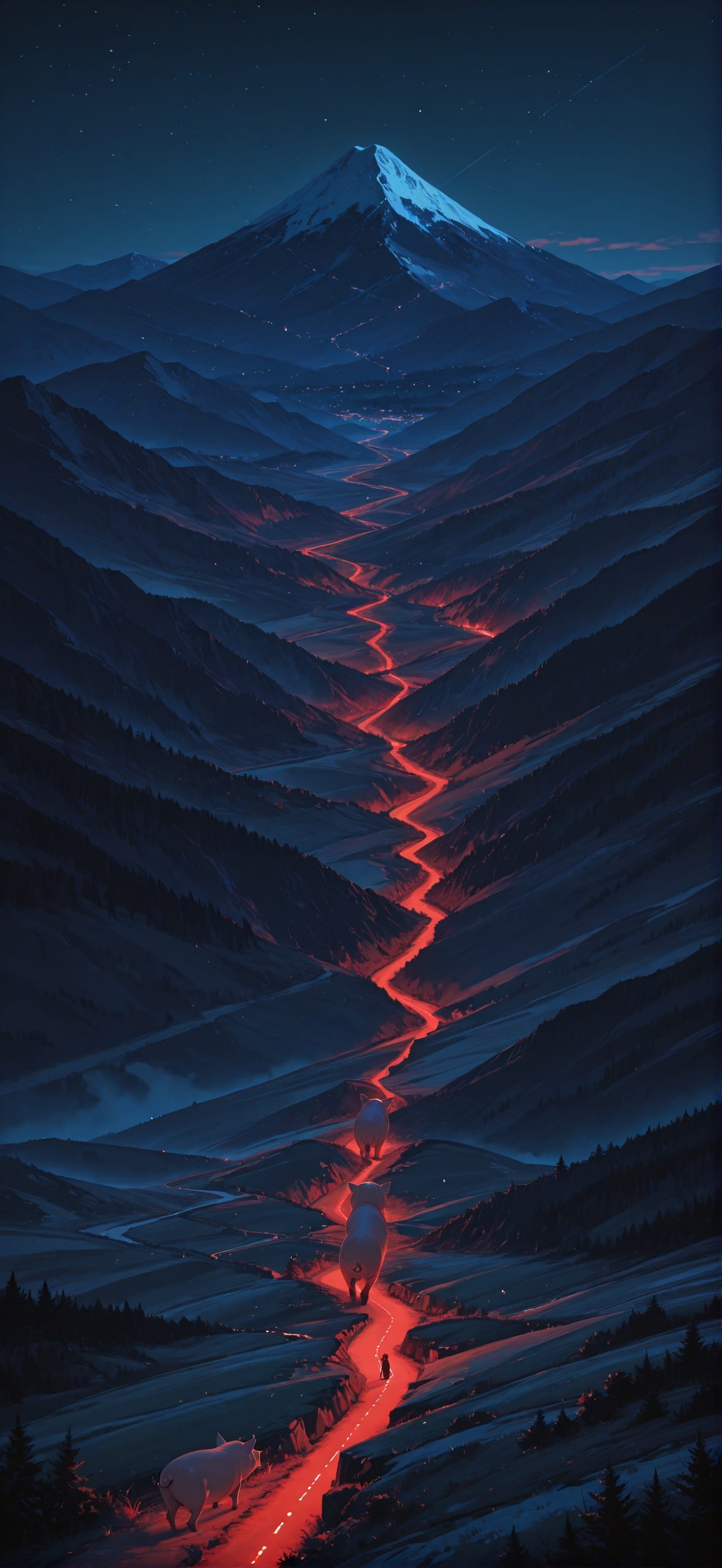 Nextfrontier Red Night Mountain Spring Animal mobile wallpaper / スマホ壁紙