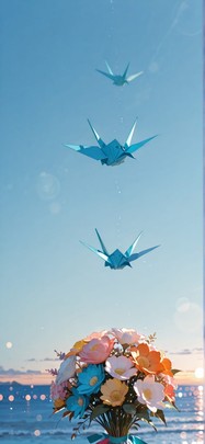 Origami Blue Afternoon Sea Autumn Animal mobile wallpaper / スマホ壁紙