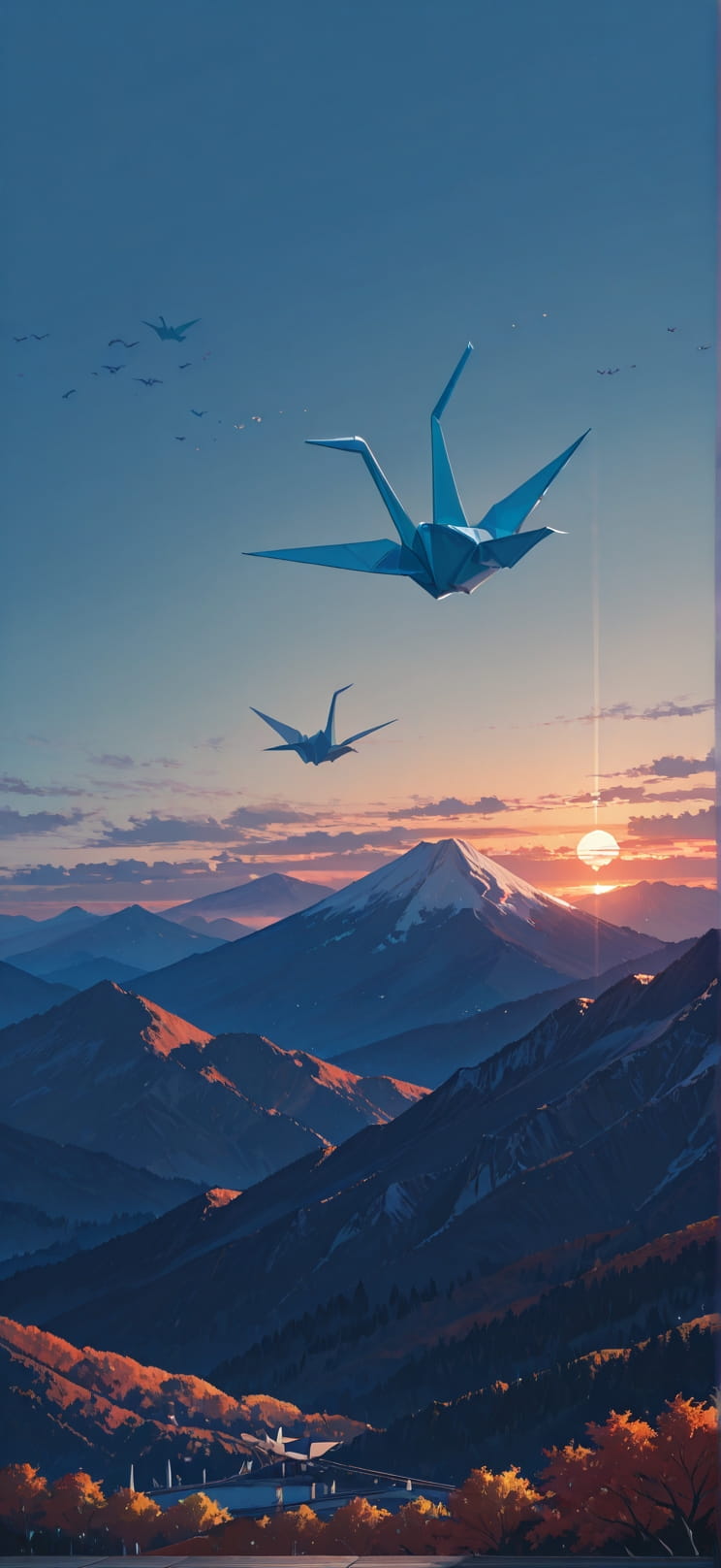 Origami Blue Sunset Mountain Autumn Animal mobile wallpaper / スマホ壁紙