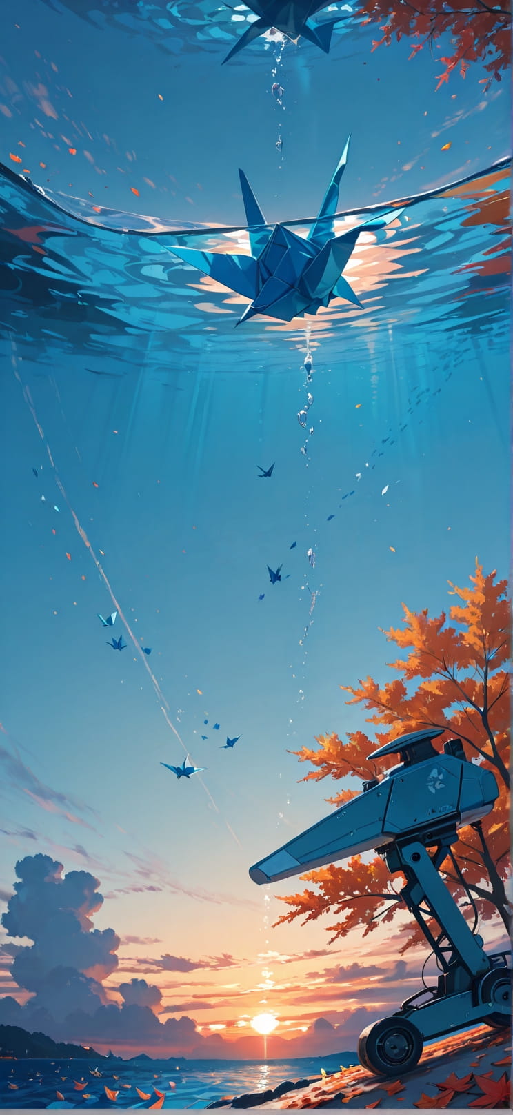 Origami Blue Sunset Sky Autumn Machine mobile wallpaper / スマホ壁紙