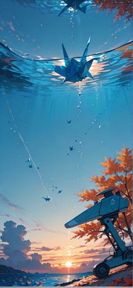 Origami Blue Sunset Sky Autumn Machine mobile wallpaper / スマホ壁紙
