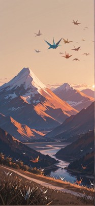 Origami Brown Afternoon Mountain Spring Animal mobile wallpaper / スマホ壁紙
