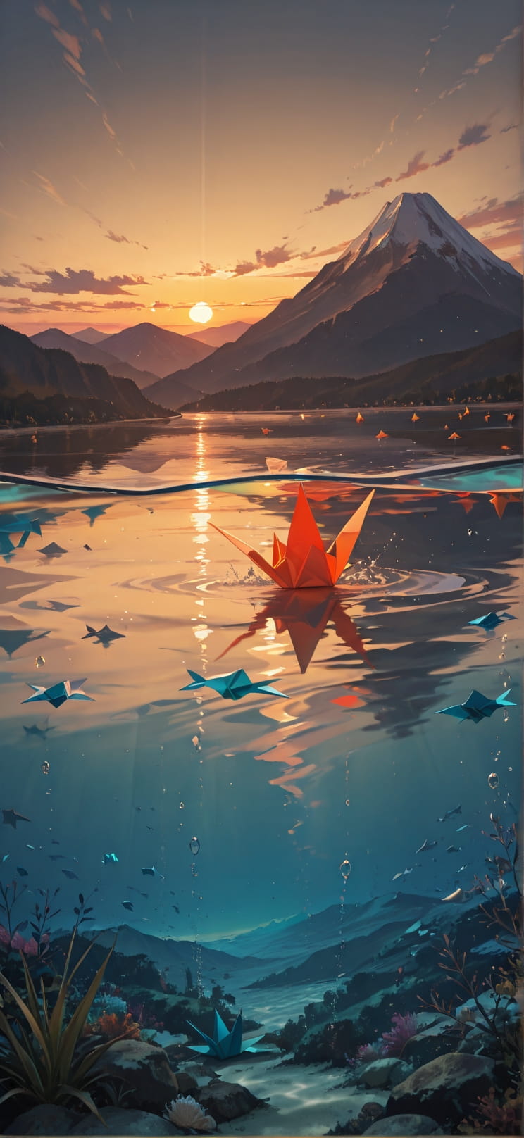 Origami Brown Sunset Mountain Spring mobile wallpaper / スマホ壁紙