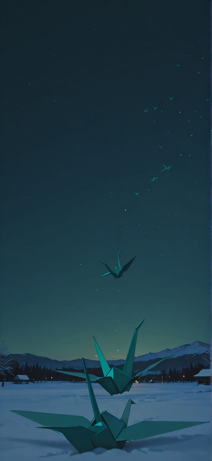 Origami Green Night Sky Winter mobile wallpaper / スマホ壁紙