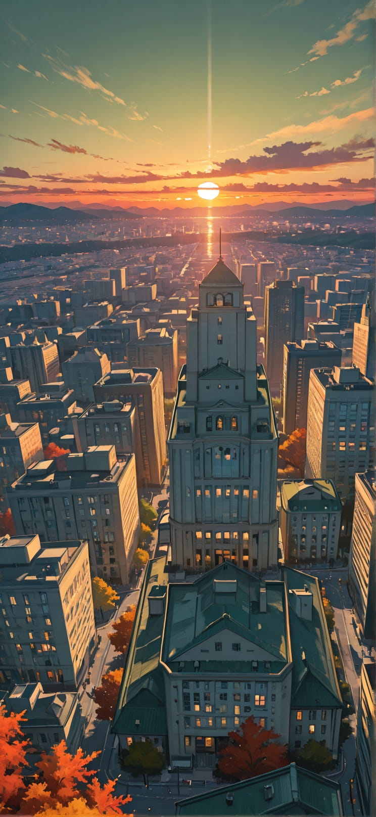 Origami Green Sunset City Autumn mobile wallpaper / スマホ壁紙