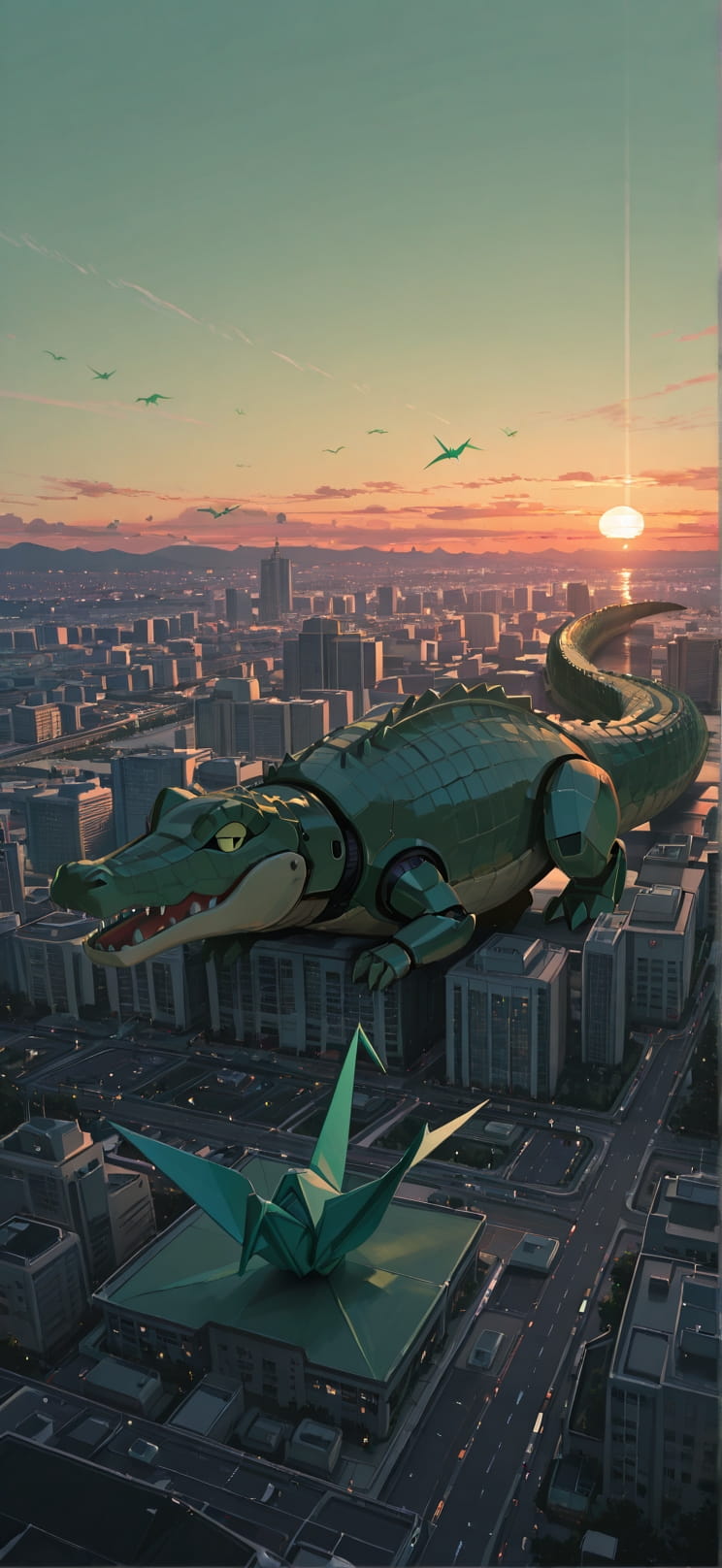 Origami Green Sunset City Spring Animal Machine mobile wallpaper / スマホ壁紙