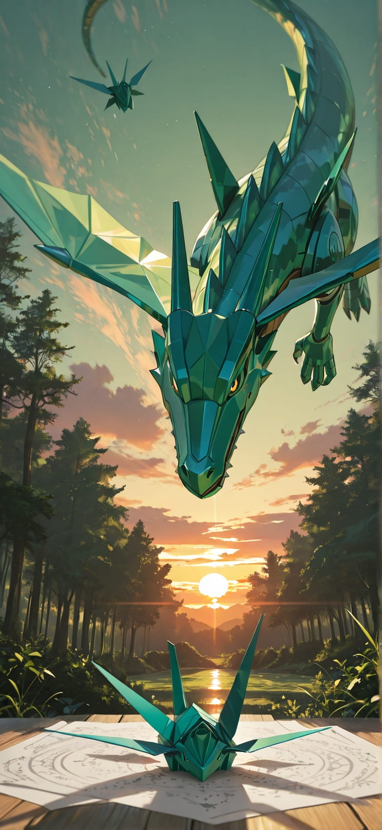Origami Green Sunset Nature Summer mobile wallpaper / スマホ壁紙