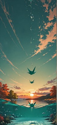 Origami Green Sunset Sky Autumn Animal mobile wallpaper / スマホ壁紙