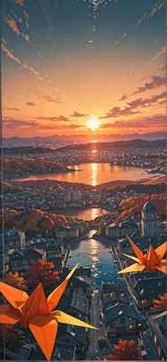 Origami Orange Sunset City Autumn mobile wallpaper / スマホ壁紙
