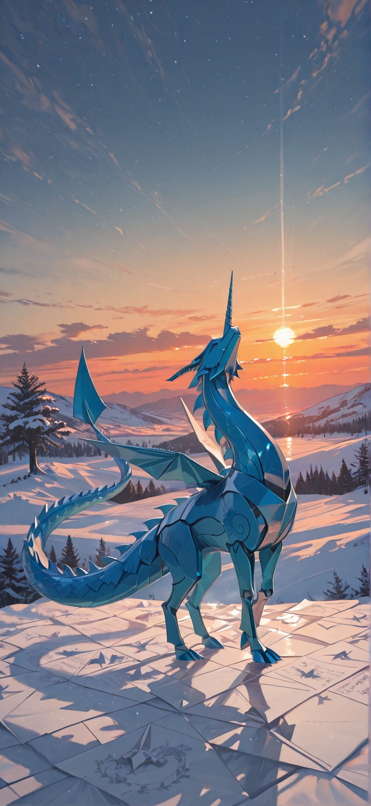 Origami Orange Sunset Sky Winter Animal mobile wallpaper / スマホ壁紙