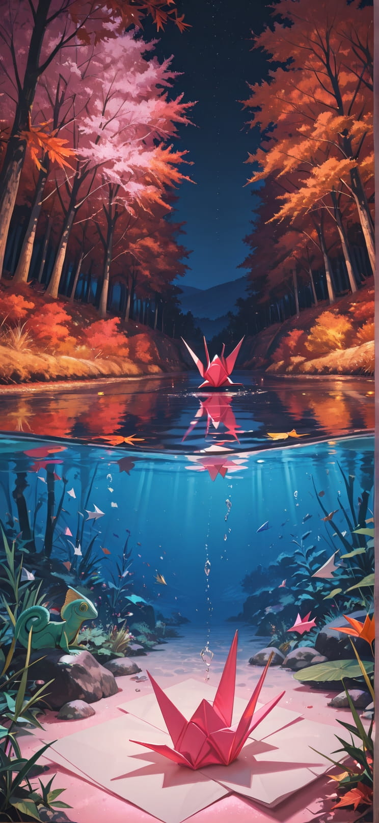 Origami Pink Night Nature Autumn Animal mobile wallpaper / スマホ壁紙