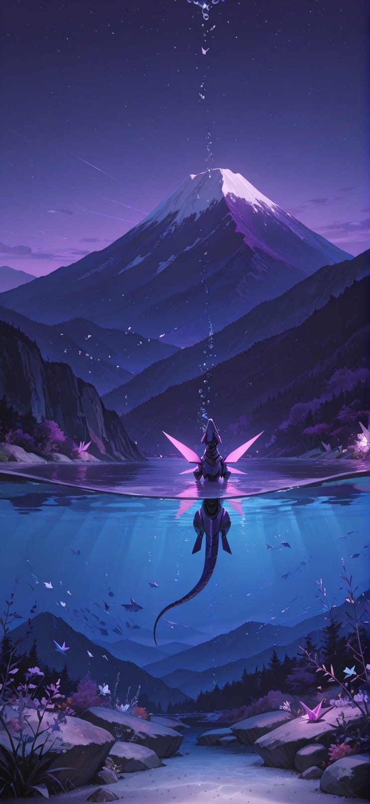 Origami Purple Night Mountain Spring Animal Machine mobile wallpaper / スマホ壁紙