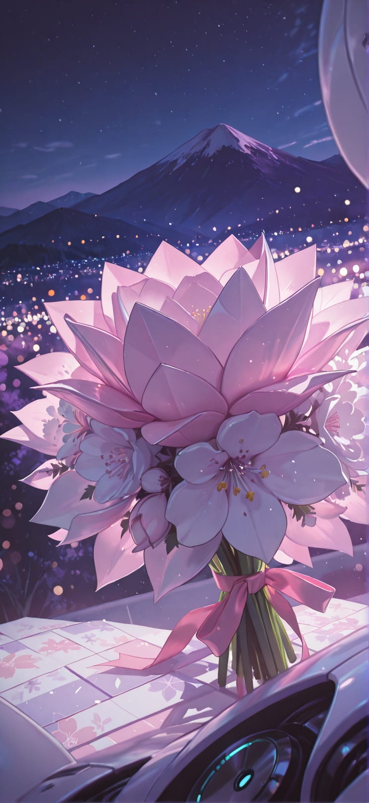 Origami Purple Night Mountain Spring Machine mobile wallpaper / スマホ壁紙