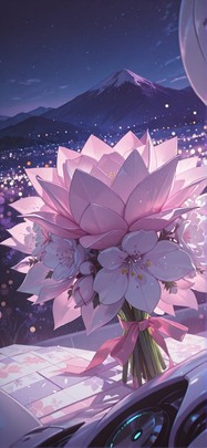 Origami Purple Night Mountain Spring Machine mobile wallpaper / スマホ壁紙