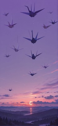 Origami Purple Sunset Nature Summer Animal mobile wallpaper / スマホ壁紙