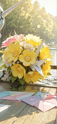 Origami Yellow Afternoon Sea Spring Animal Machine mobile wallpaper / スマホ壁紙