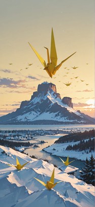 Origami Yellow Afternoon Sea Winter Animal mobile wallpaper / スマホ壁紙
