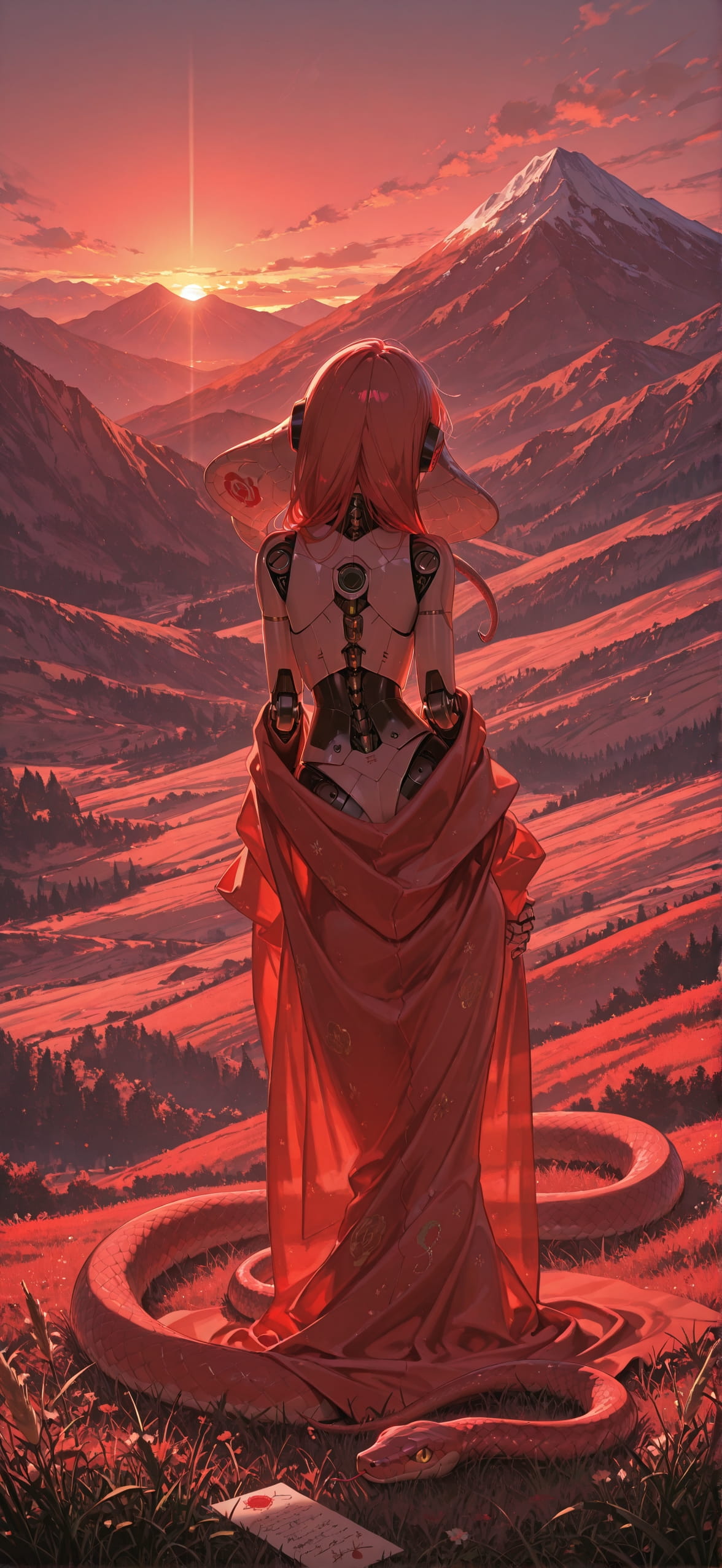 Penpals Red Sunset Mountain Spring Animal Machine mobile wallpaper / スマホ壁紙