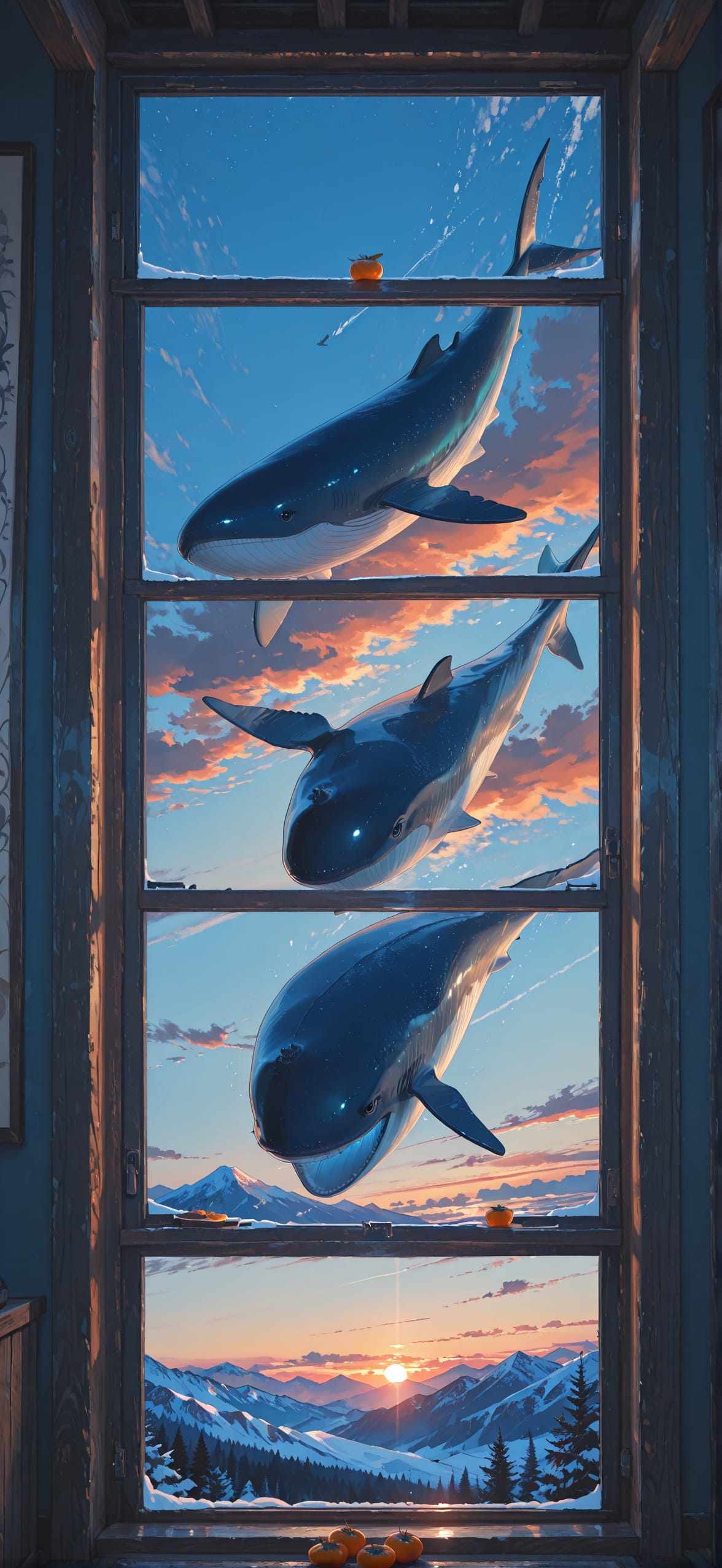 Persimmon Blue Afternoon Mountain Winter Animal mobile wallpaper / スマホ壁紙