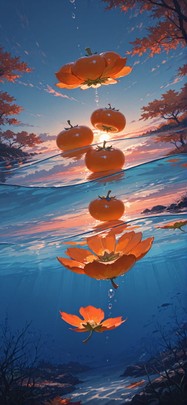 Persimmon Blue Sunset Sea Autumn mobile wallpaper / スマホ壁紙
