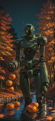 Persimmon Green Night Sea Autumn Machine mobile wallpaper / スマホ壁紙