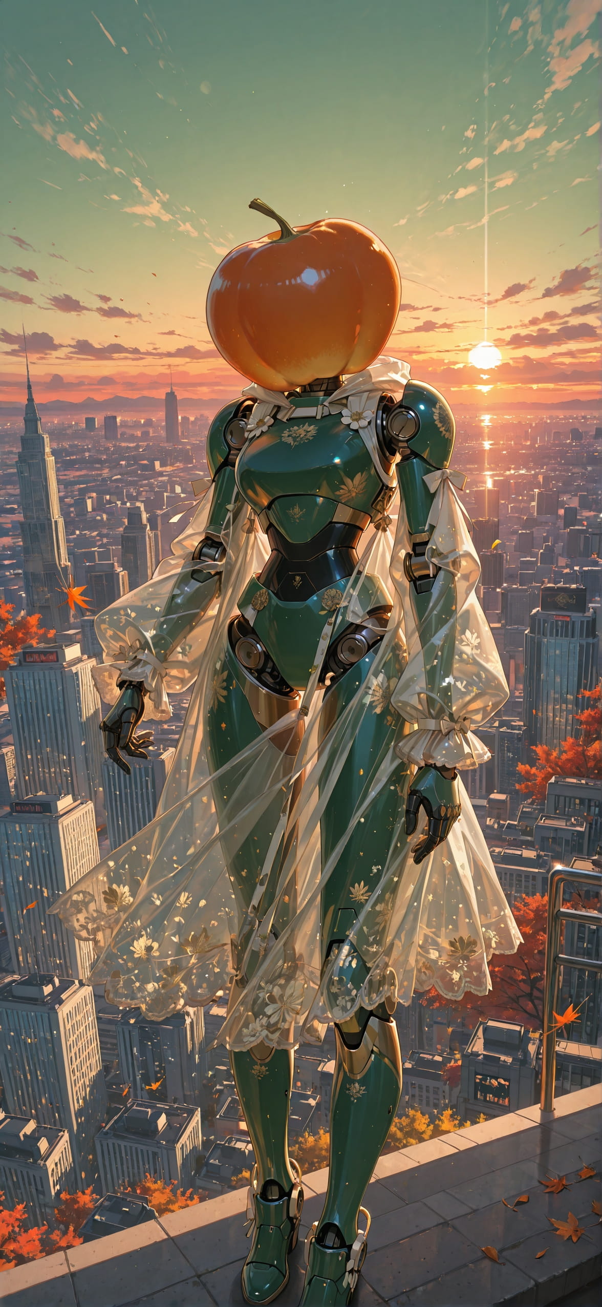 Persimmon Green Sunset City Autumn Machine mobile wallpaper / スマホ壁紙