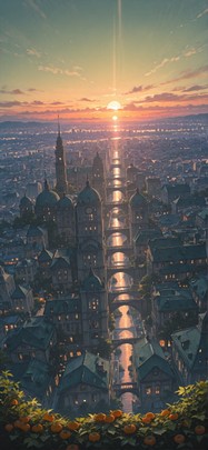 Persimmon Green Sunset City Spring mobile wallpaper / スマホ壁紙