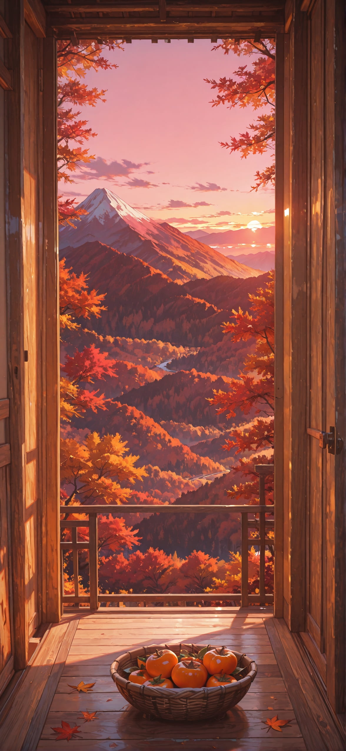 Persimmon Pink Sunset Mountain Autumn mobile wallpaper / スマホ壁紙