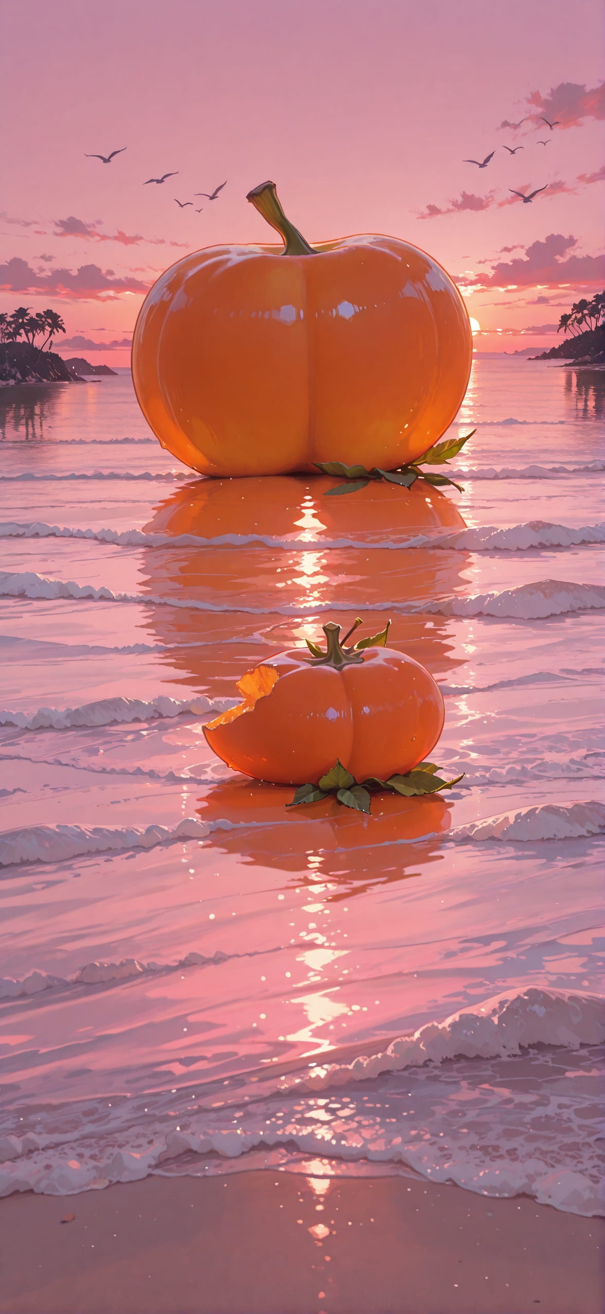 Persimmon Pink Sunset Sea Spring Animal mobile wallpaper / スマホ壁紙