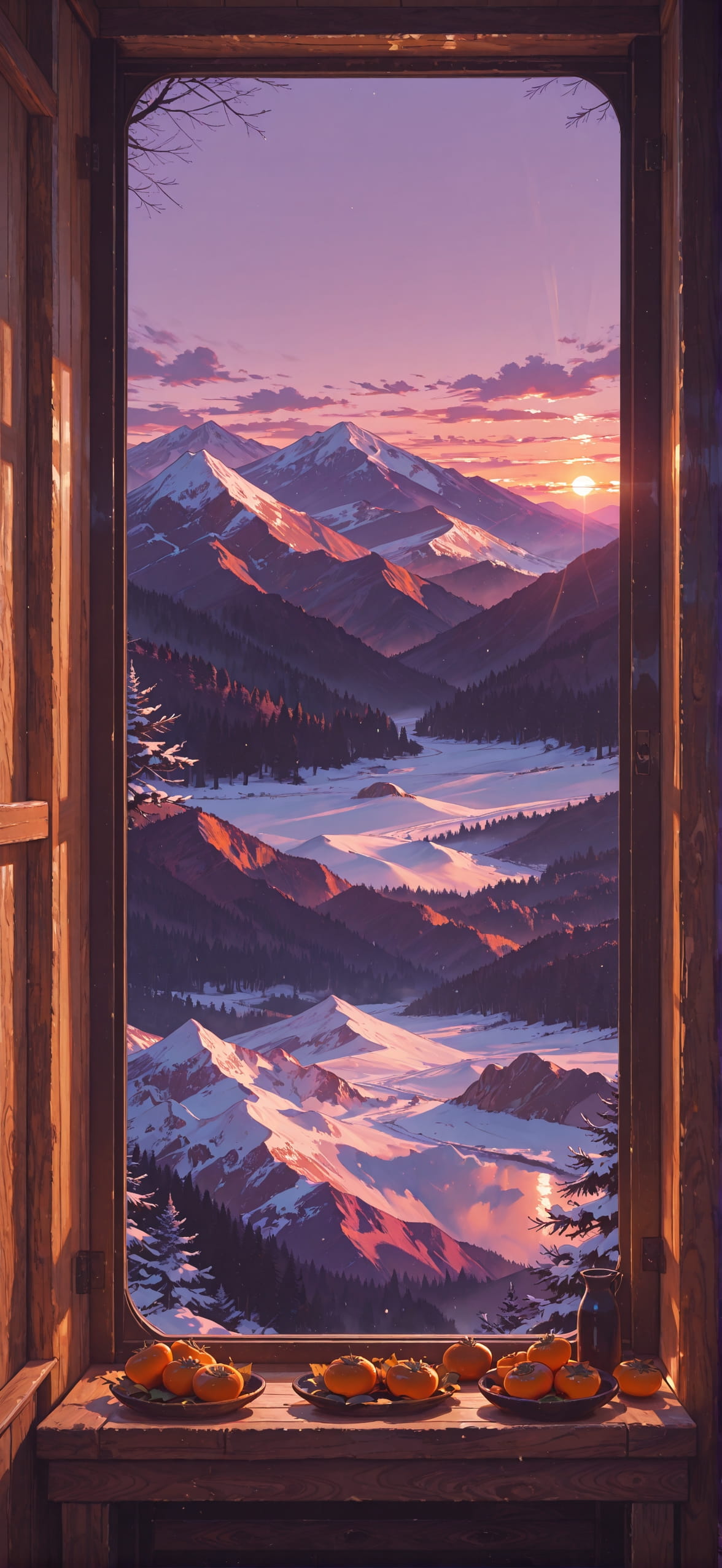 Persimmon Purple Afternoon Mountain Winter mobile wallpaper / スマホ壁紙