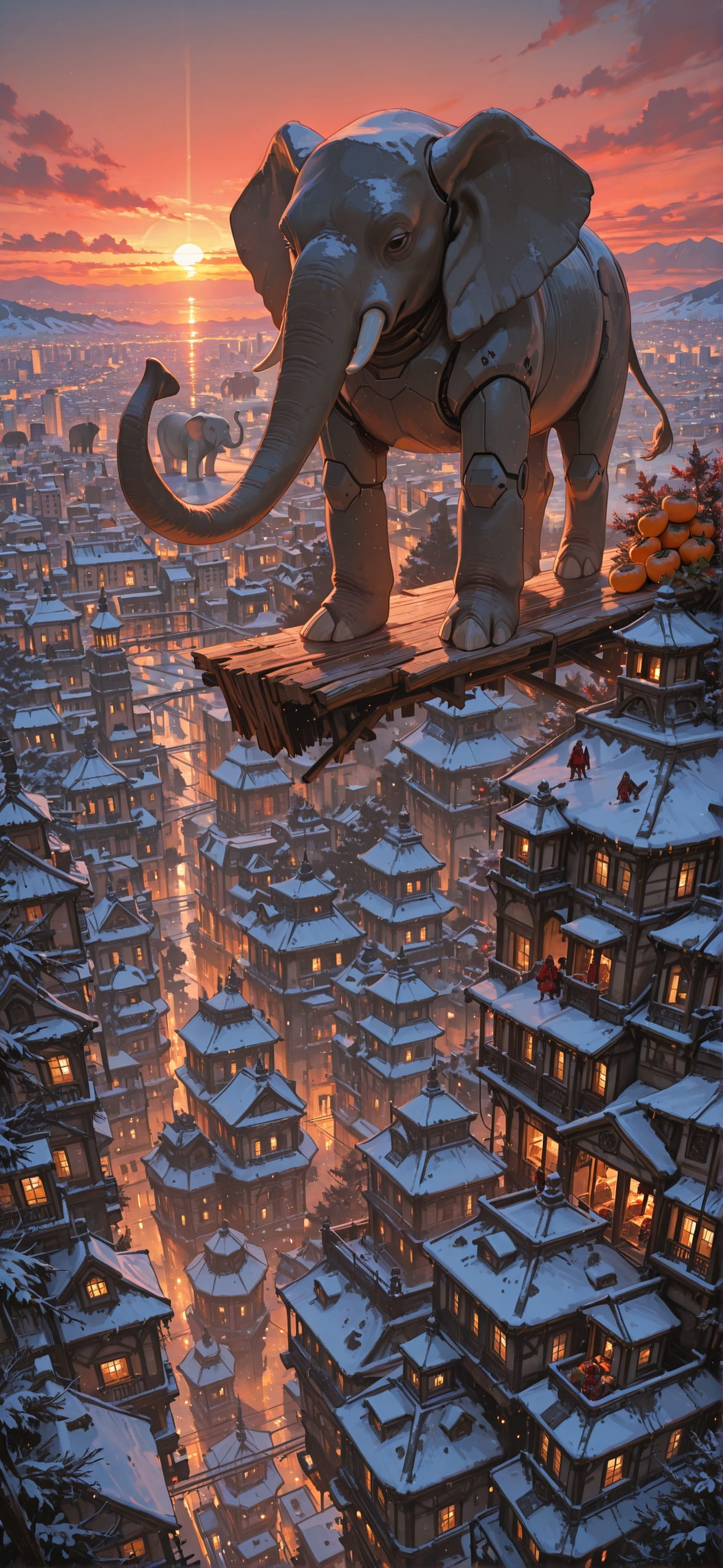 Persimmon Red Sunset City Winter Animal Machine mobile wallpaper / スマホ壁紙