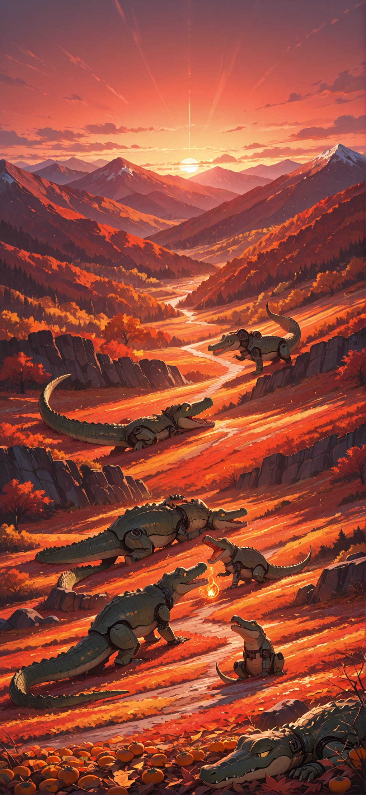 Persimmon Red Sunset Mountain Autumn Animal Machine mobile wallpaper / スマホ壁紙