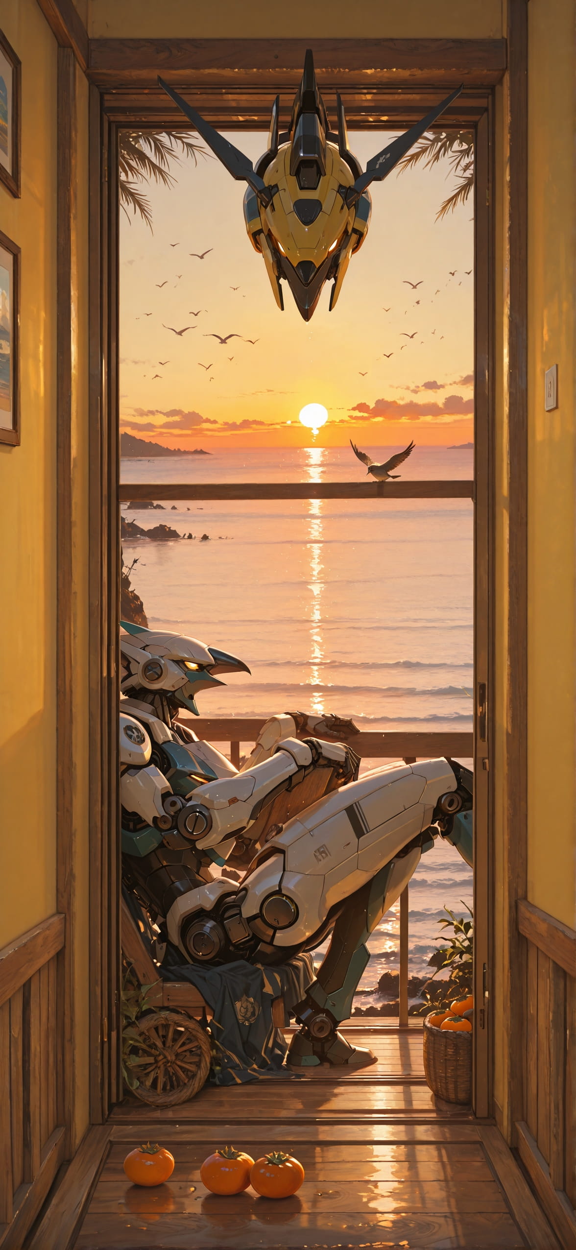 Persimmon Yellow Afternoon Sea Summer Animal Machine mobile wallpaper / スマホ壁紙