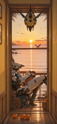 Persimmon Yellow Afternoon Sea Summer Animal Machine mobile wallpaper / スマホ壁紙