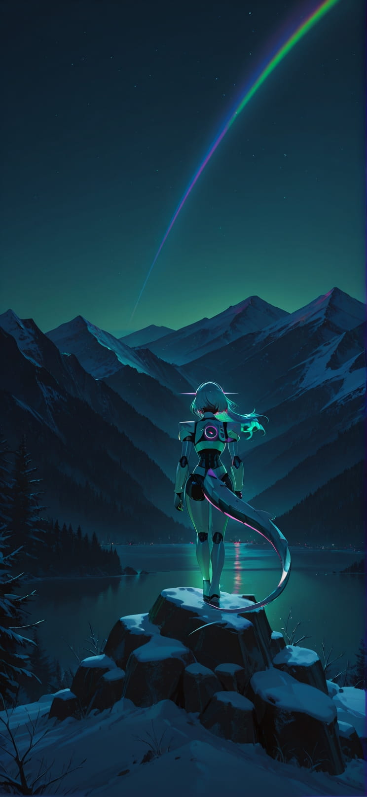 Prism Green Night Mountain Winter Animal Machine mobile wallpaper / スマホ壁紙